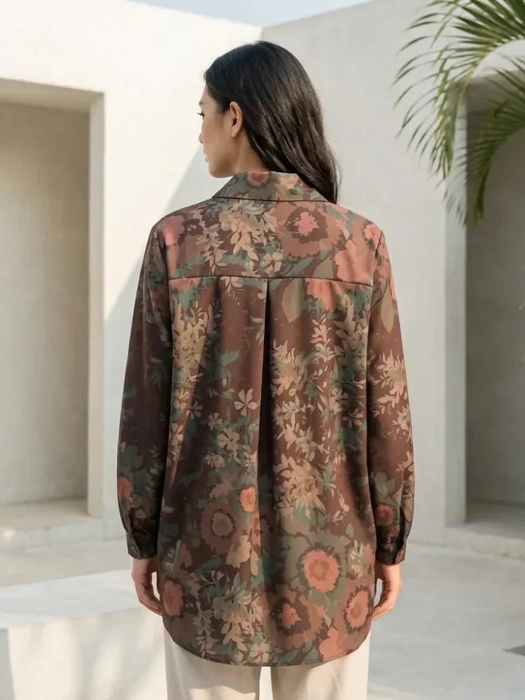 ASAYA Atasan gaya retro kerah v model longgar motif cetak untuk wanita