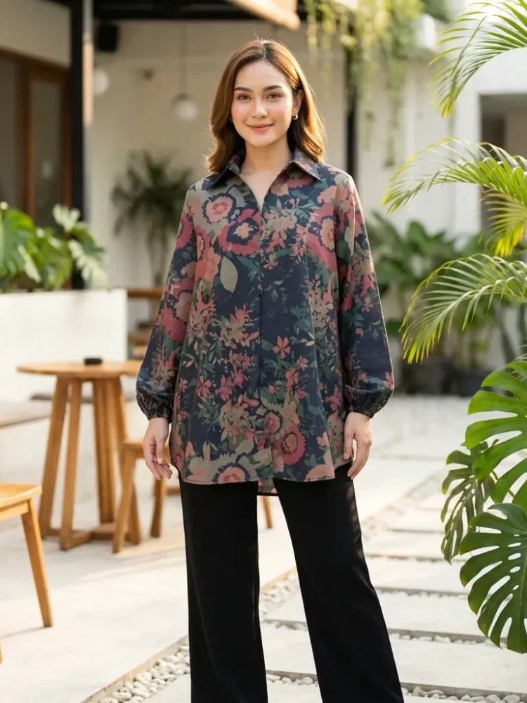 ASAYA Atasan gaya retro kerah v model longgar motif cetak untuk wanita