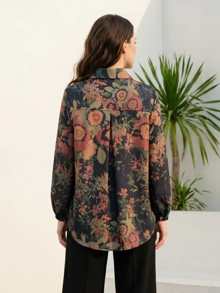 ASAYA Atasan gaya retro kerah v model longgar motif cetak untuk wanita