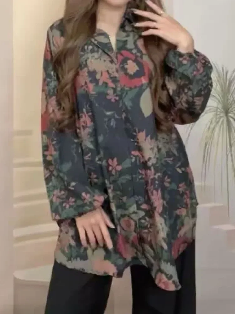 ASAYA Atasan gaya retro kerah v model longgar motif cetak untuk wanita