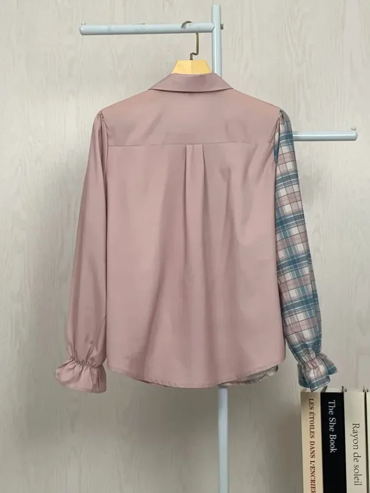 ASAYA Kemeja kardigan longgar dengan desain kerah kotak-kotak tambal sulam yang tidak beraturan