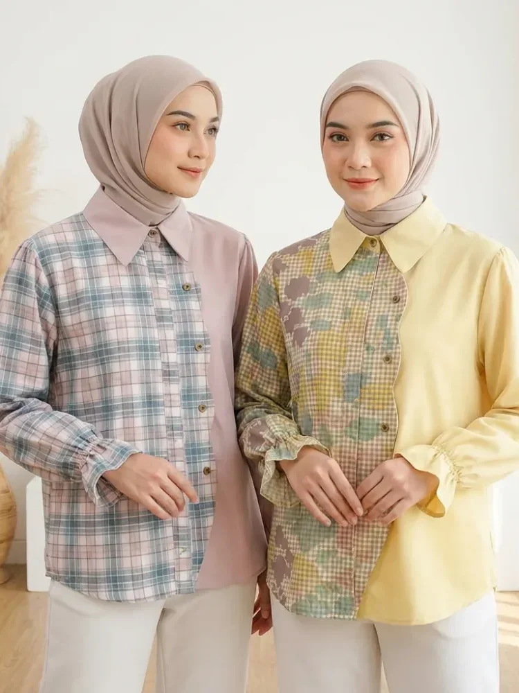 ASAYA Kemeja kardigan longgar dengan desain kerah kotak-kotak tambal sulam yang tidak beraturan