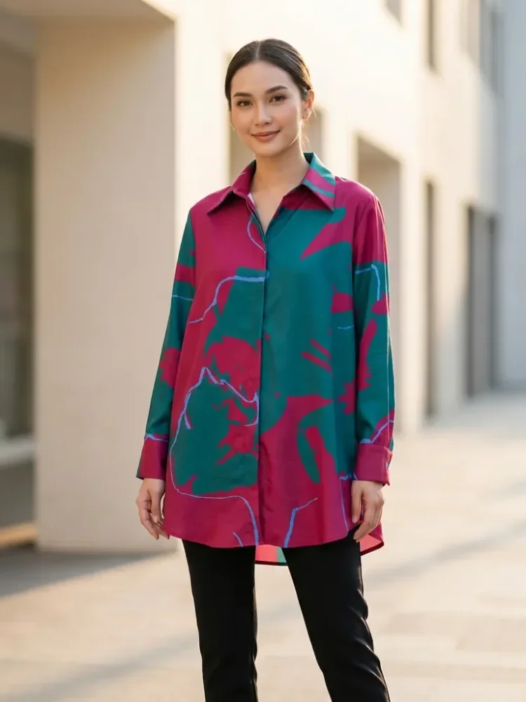 ASAYA Atasan gaya retro kerah v model longgar motif cetak untuk wanita