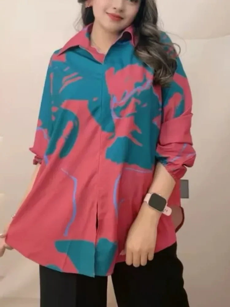 ASAYA Atasan gaya retro kerah v model longgar motif cetak untuk wanita