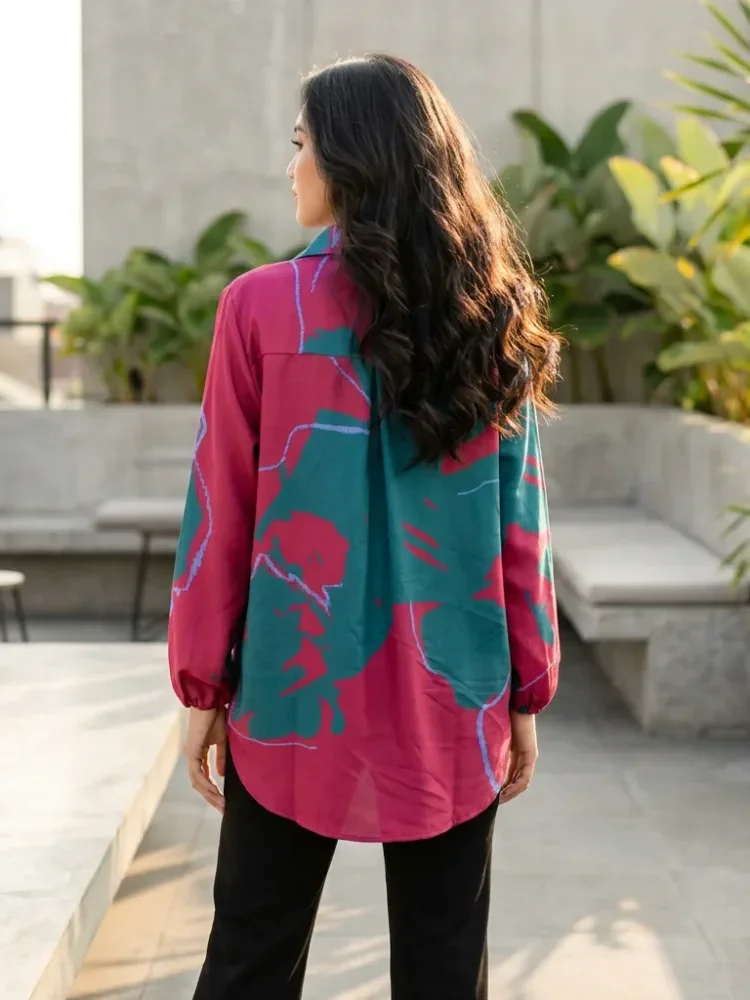 ASAYA Atasan gaya retro kerah v model longgar motif cetak untuk wanita