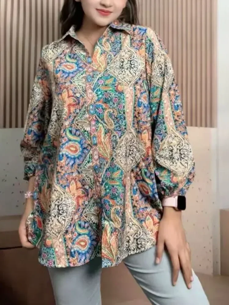 [NEW]ASAYA Atasan gaya retro kerah v model longgar motif cetak untuk wanita