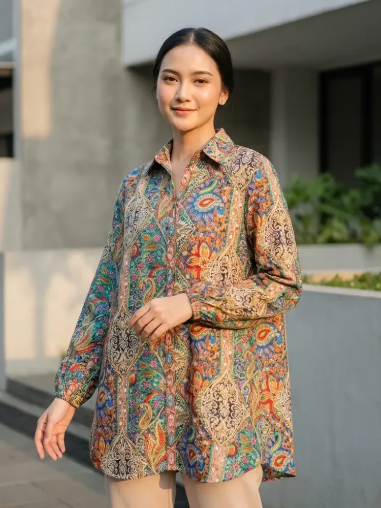 [NEW]ASAYA Atasan gaya retro kerah v model longgar motif cetak untuk wanita