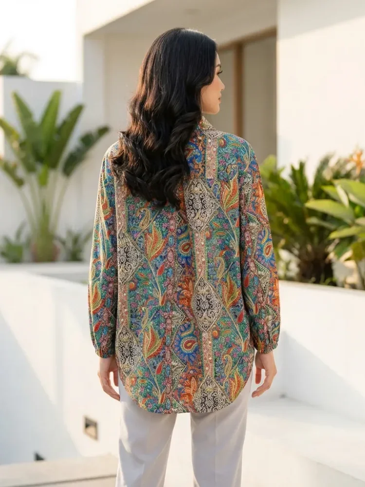 [NEW]ASAYA Atasan gaya retro kerah v model longgar motif cetak untuk wanita