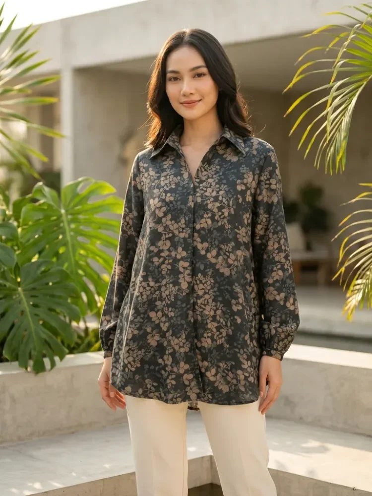 ASAYA Atasan gaya retro kerah v model longgar motif cetak untuk wanita