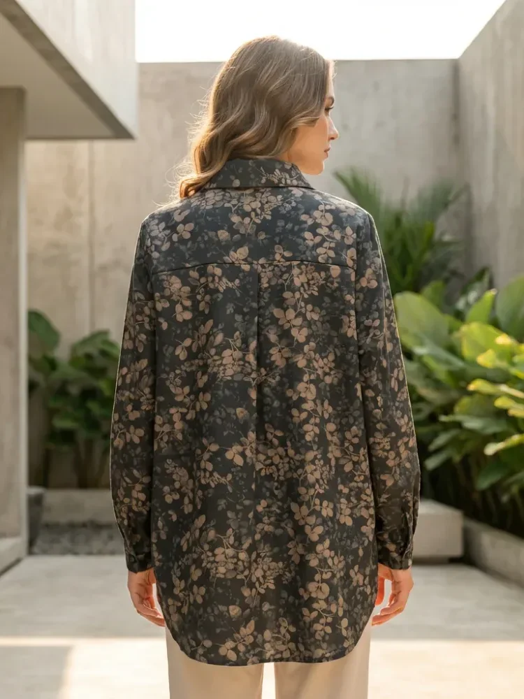 ASAYA Atasan gaya retro kerah v model longgar motif cetak untuk wanita