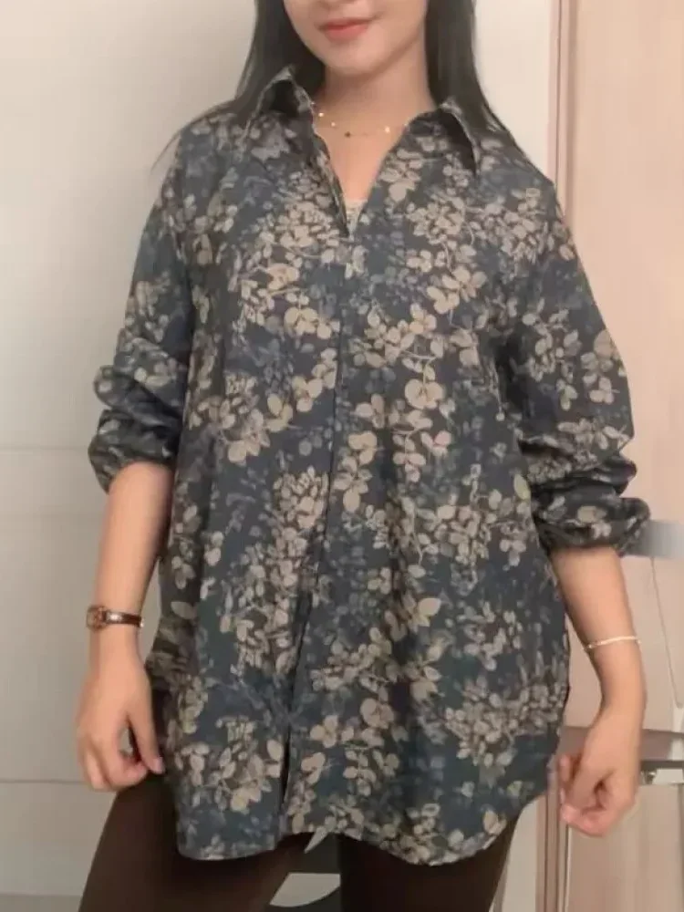 ASAYA Atasan gaya retro kerah v model longgar motif cetak untuk wanita