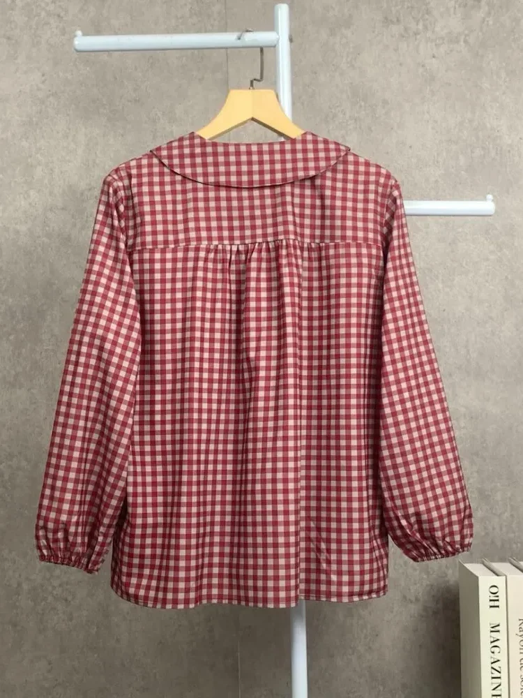 ASAYA Kemeja longgar motif kotak-kotak kerah boneka untuk wanita