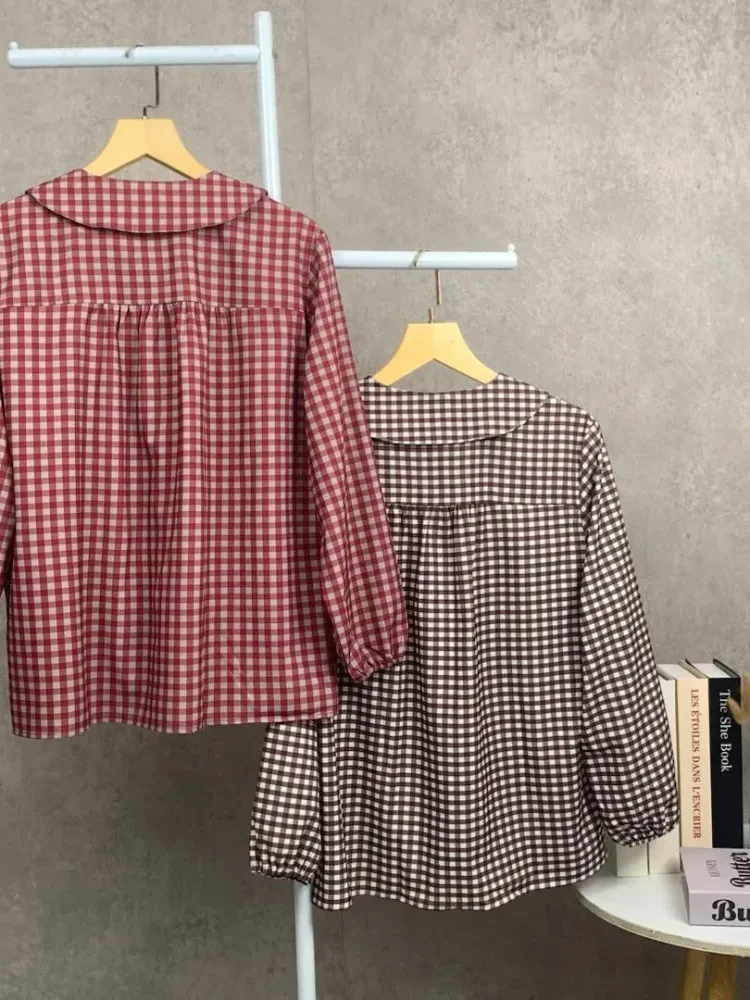 ASAYA Kemeja longgar motif kotak-kotak kerah boneka untuk wanita