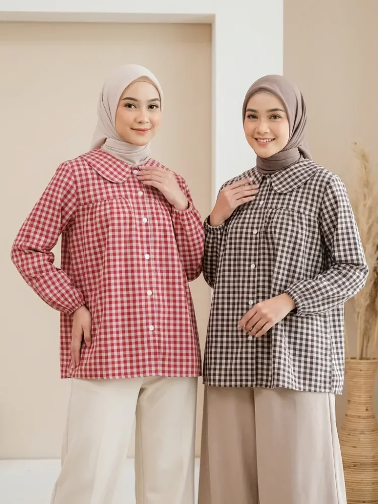 ASAYA Kemeja longgar motif kotak-kotak kerah boneka untuk wanita