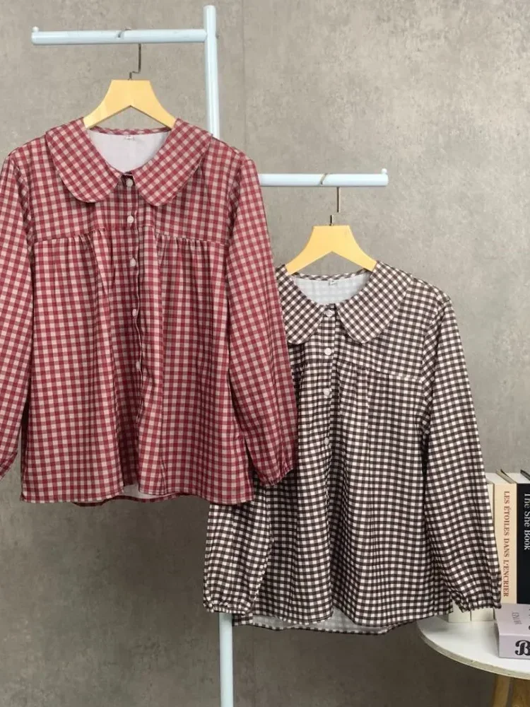 ASAYA Kemeja longgar motif kotak-kotak kerah boneka untuk wanita