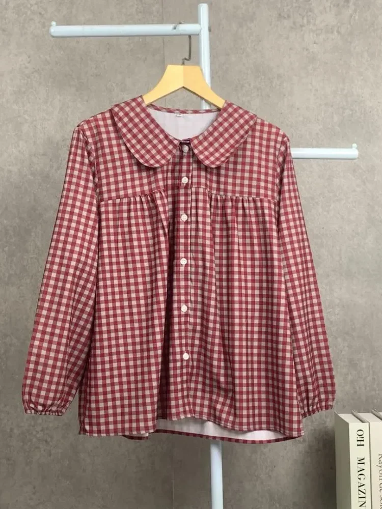 ASAYA Kemeja longgar motif kotak-kotak kerah boneka untuk wanita