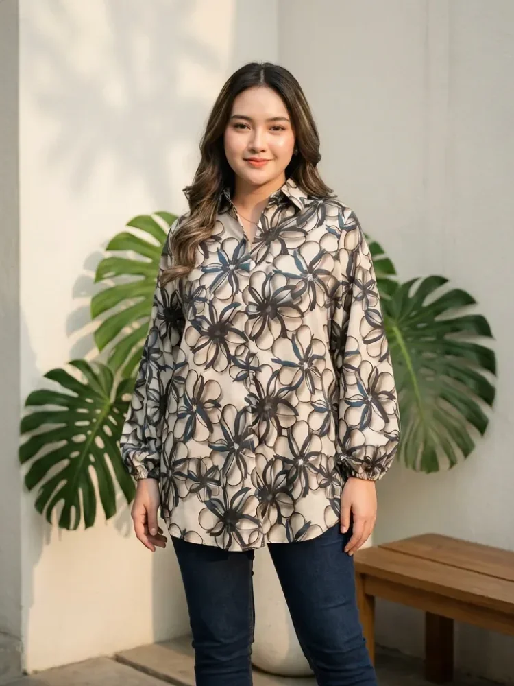 ASAYA Atasan gaya retro kerah v model longgar motif cetak untuk wanita