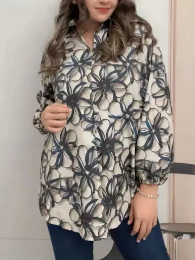 ASAYA Atasan gaya retro kerah v model longgar motif cetak untuk wanita