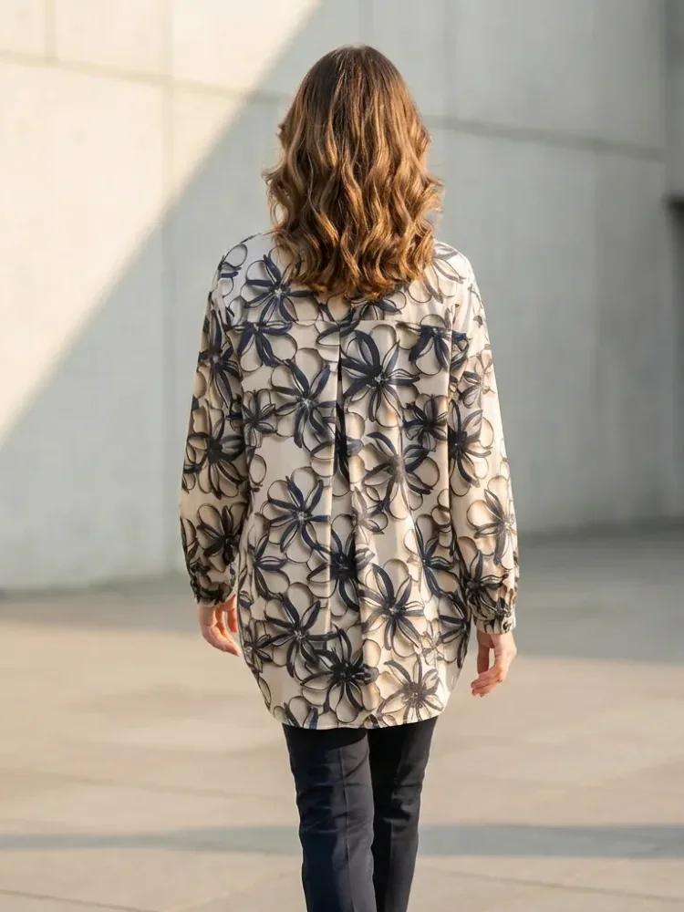 ASAYA Atasan gaya retro kerah v model longgar motif cetak untuk wanita