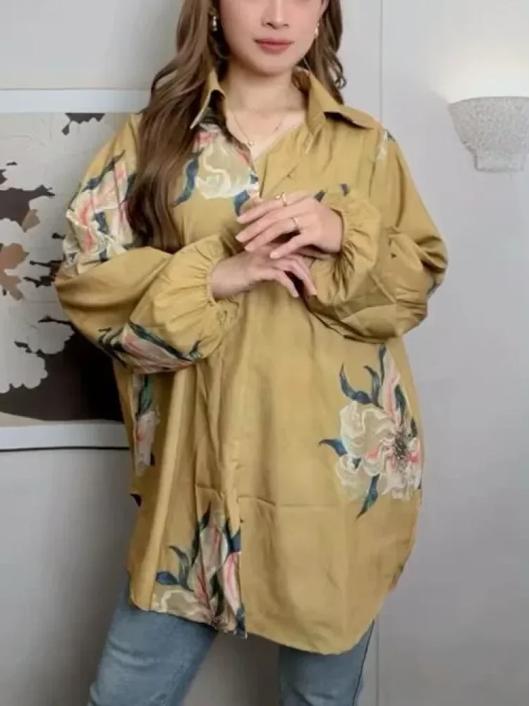 ASAYA Atasan gaya retro kerah v model longgar motif cetak untuk wanita