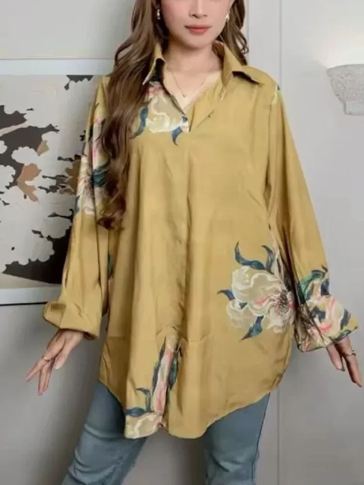 ASAYA Atasan gaya retro kerah v model longgar motif cetak untuk wanita