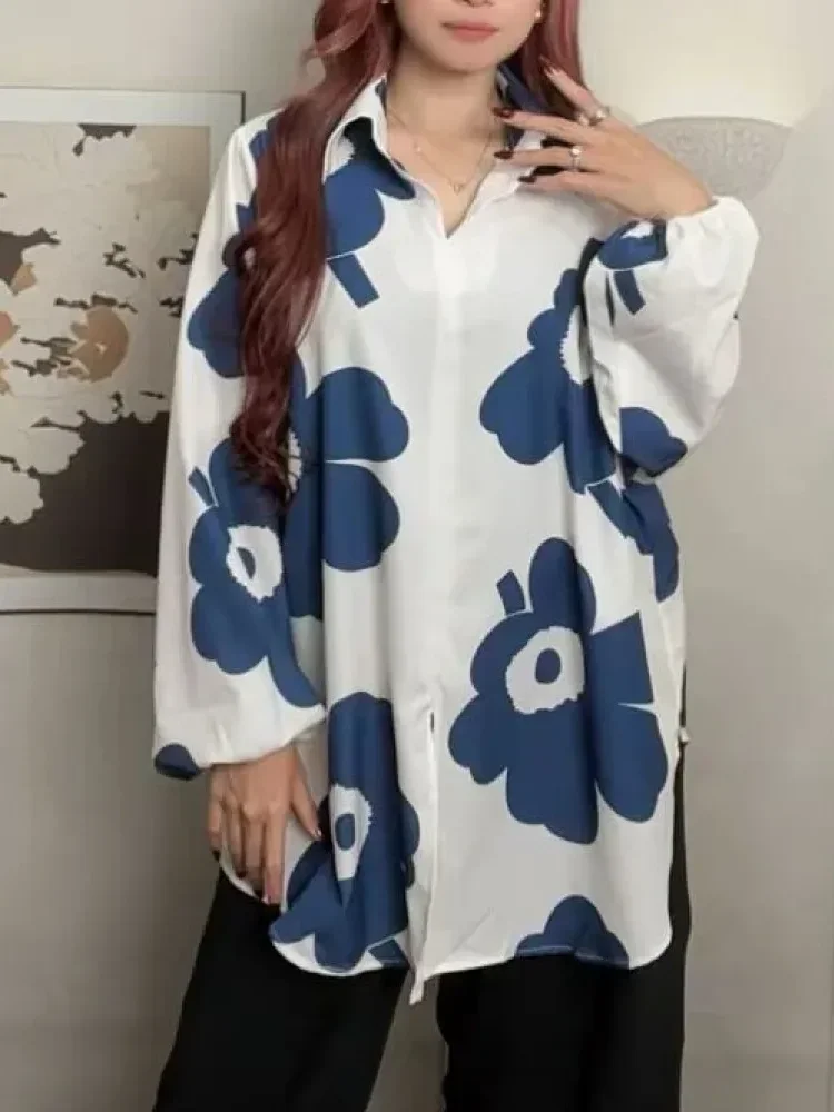 ASAYA Atasan gaya retro kerah v model longgar motif cetak untuk wanita