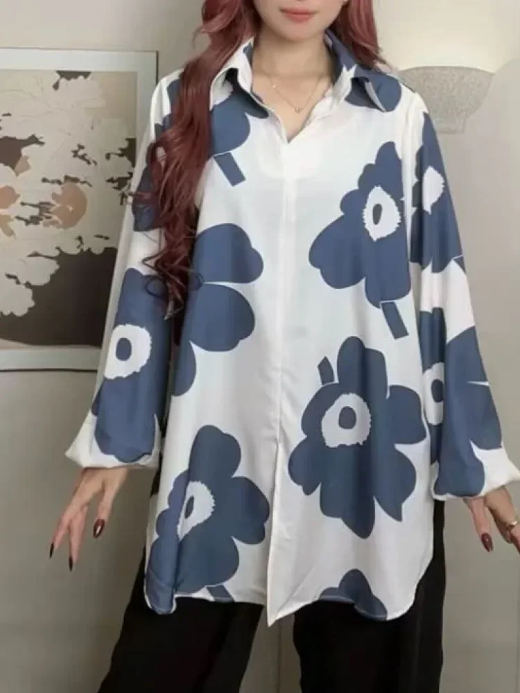 ASAYA Atasan gaya retro kerah v model longgar motif cetak untuk wanita