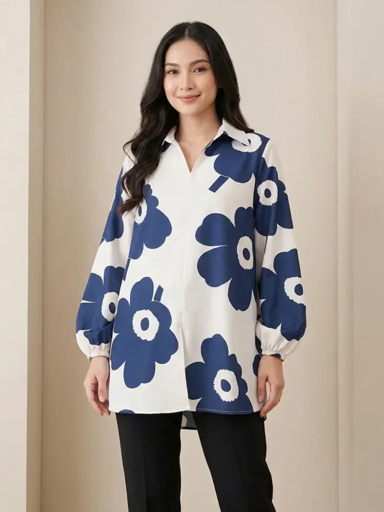 ASAYA Atasan gaya retro kerah v model longgar motif cetak untuk wanita