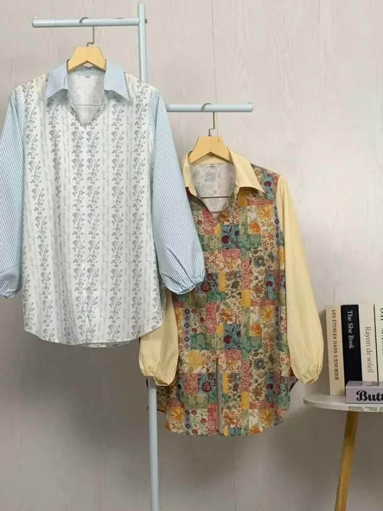 [READY STOCK]ASAYA Atasan gaya retro kerah v model longgar motif cetak untuk wanita