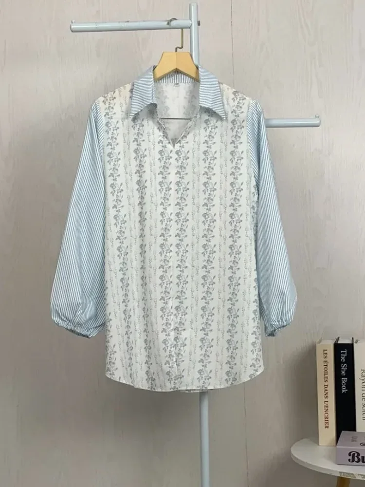 [READY STOCK]ASAYA Atasan gaya retro kerah v model longgar motif cetak untuk wanita