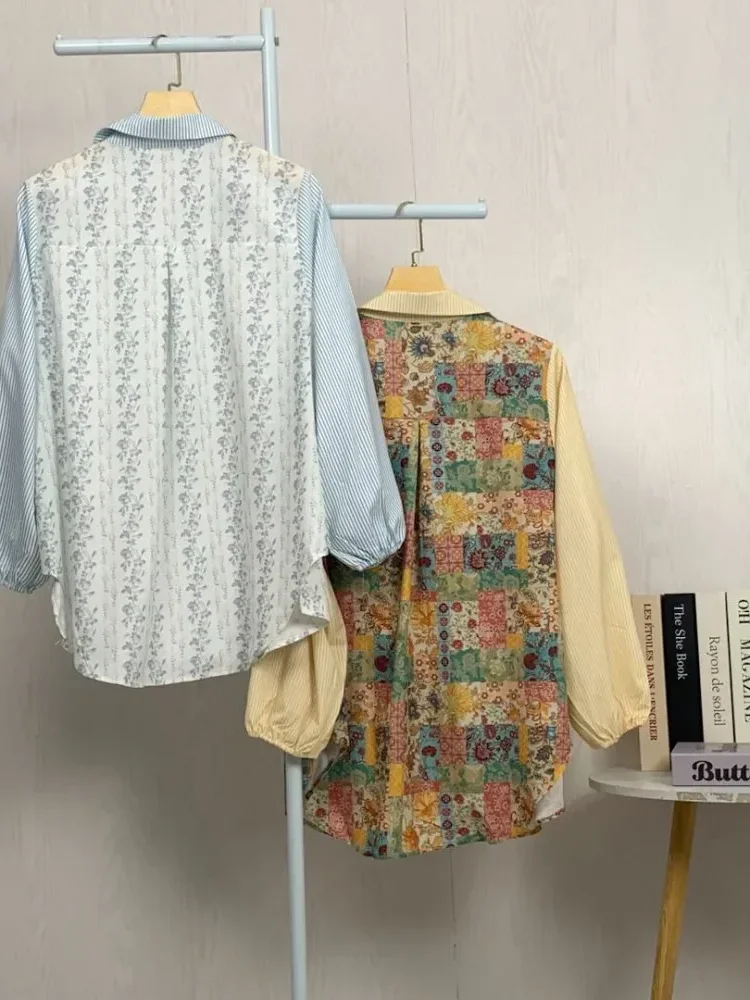 [READY STOCK]ASAYA Atasan gaya retro kerah v model longgar motif cetak untuk wanita