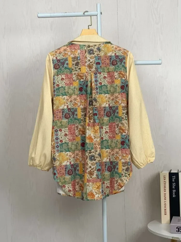 [READY STOCK]ASAYA Atasan gaya retro kerah v model longgar motif cetak untuk wanita