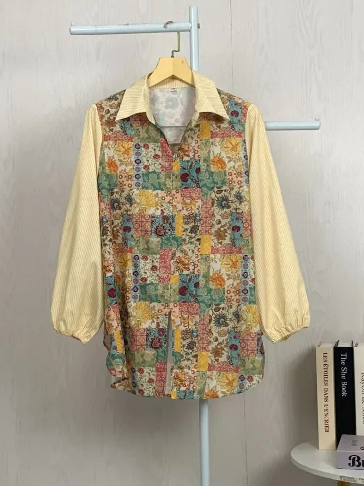 [READY STOCK]ASAYA Atasan gaya retro kerah v model longgar motif cetak untuk wanita