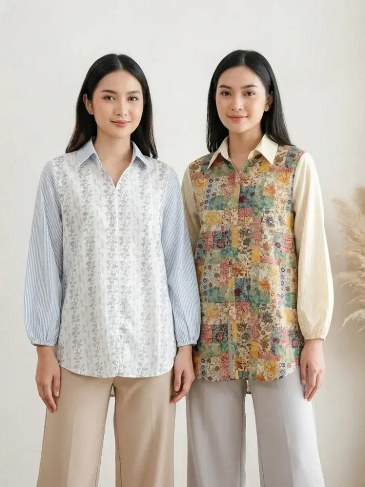 [READY STOCK]ASAYA Atasan gaya retro kerah v model longgar motif cetak untuk wanita