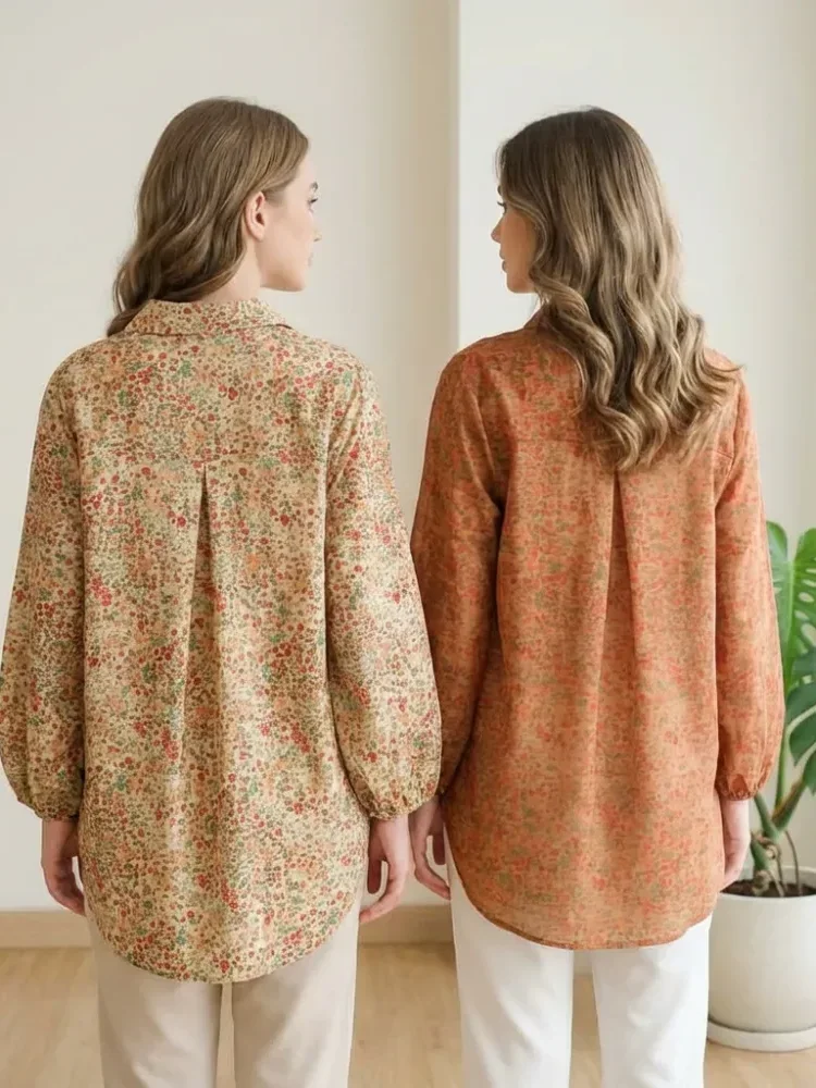 ASAYA Atasan gaya retro kerah v model longgar motif cetak untuk wanita