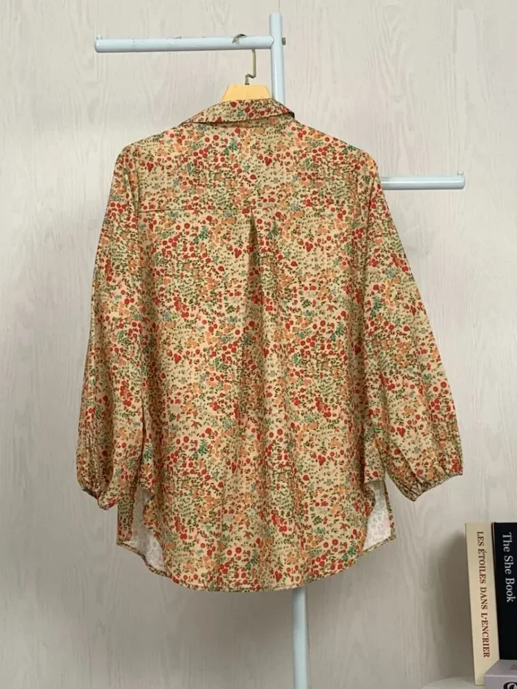 ASAYA Atasan gaya retro kerah v model longgar motif cetak untuk wanita