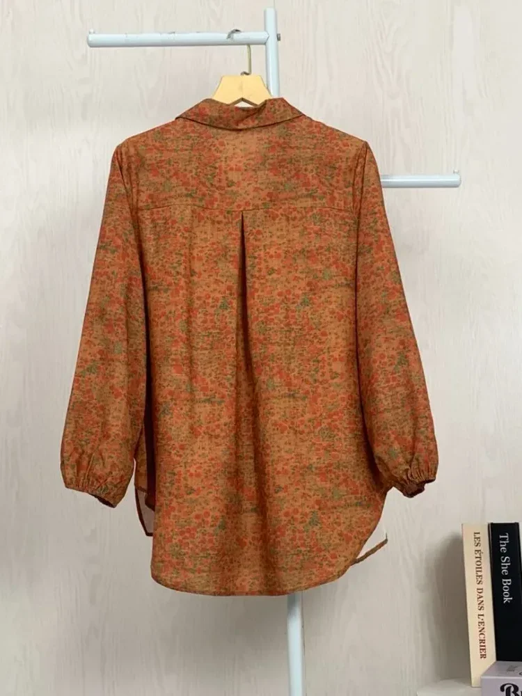 ASAYA Atasan gaya retro kerah v model longgar motif cetak untuk wanita