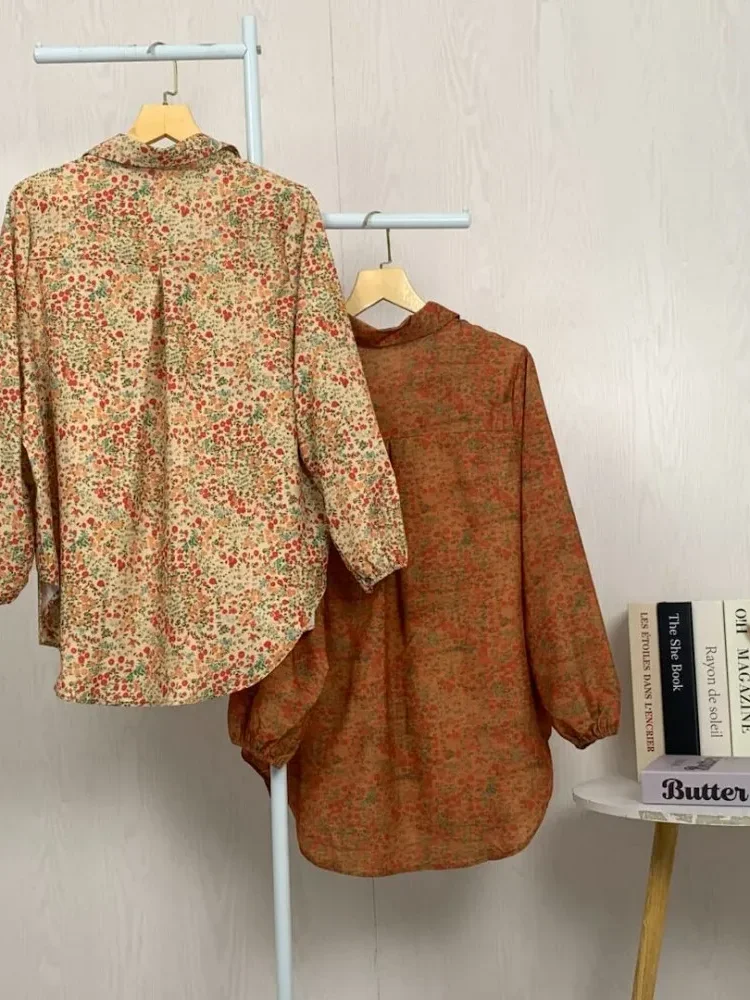 ASAYA Atasan gaya retro kerah v model longgar motif cetak untuk wanita