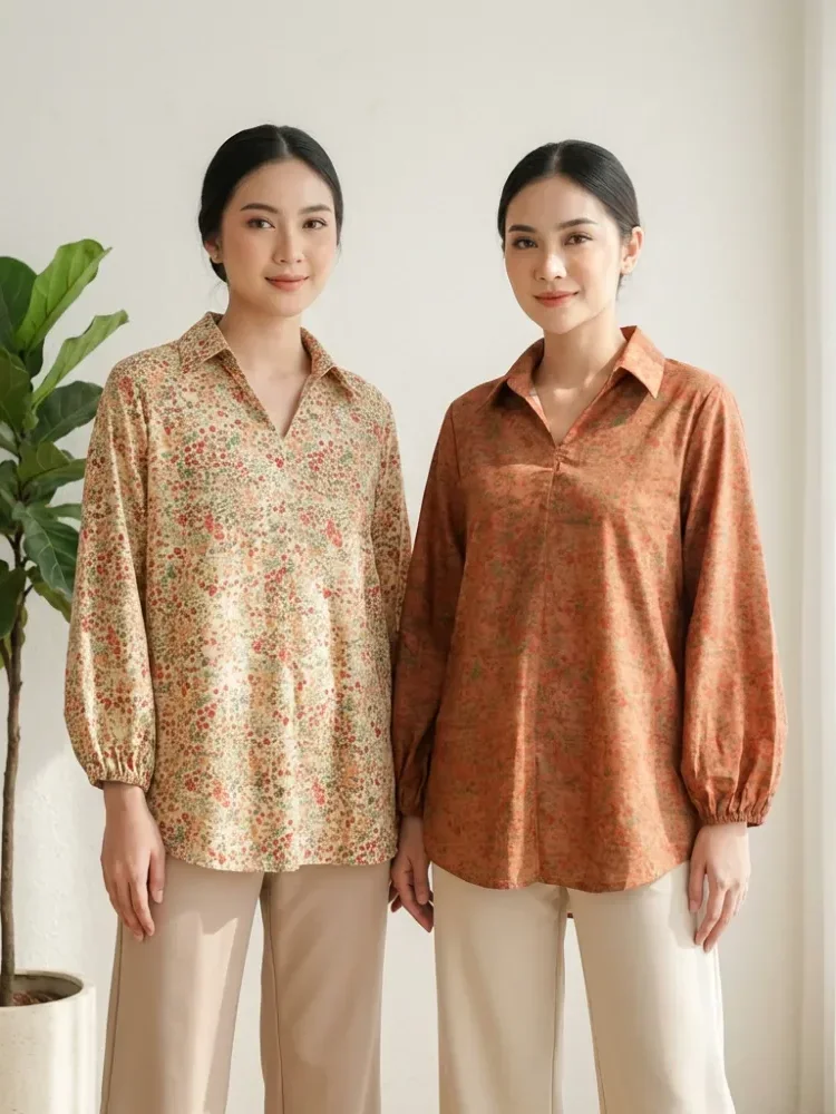 ASAYA Atasan gaya retro kerah v model longgar motif cetak untuk wanita