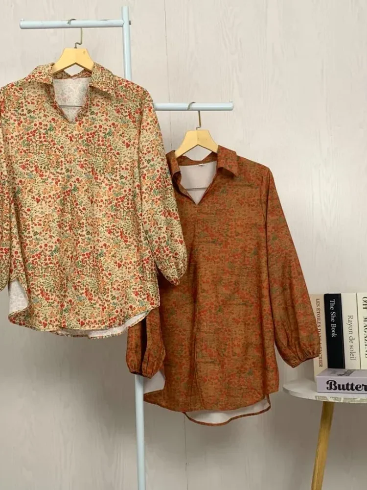 ASAYA Atasan gaya retro kerah v model longgar motif cetak untuk wanita