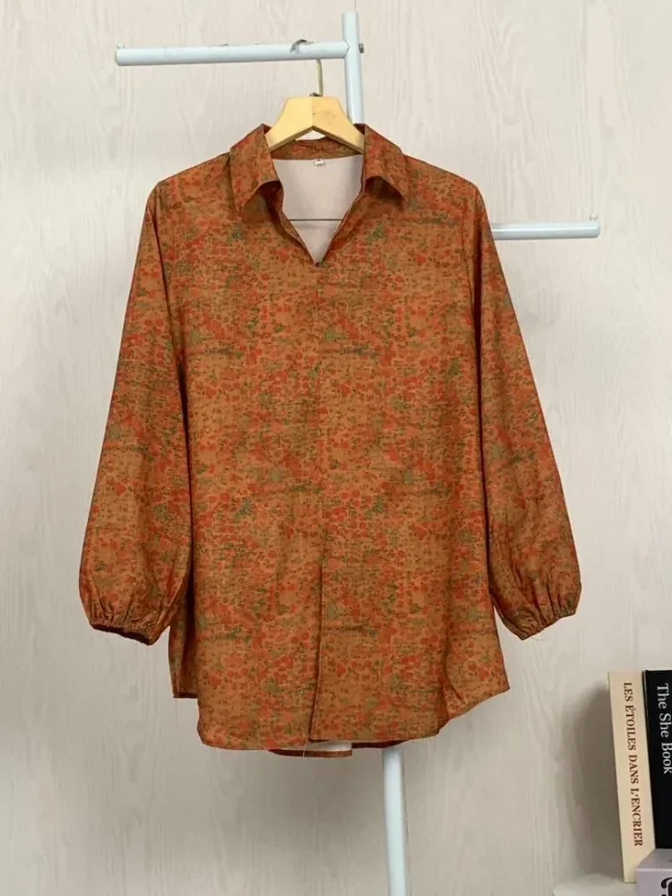 ASAYA Atasan gaya retro kerah v model longgar motif cetak untuk wanita