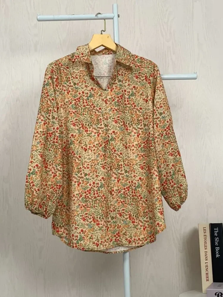 ASAYA Atasan gaya retro kerah v model longgar motif cetak untuk wanita