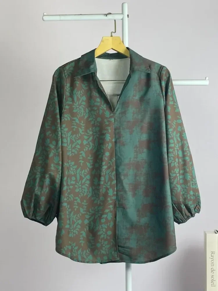 ASAYA Atasan gaya retro kerah v model longgar motif cetak untuk wanita