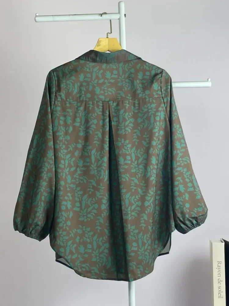 ASAYA Atasan gaya retro kerah v model longgar motif cetak untuk wanita