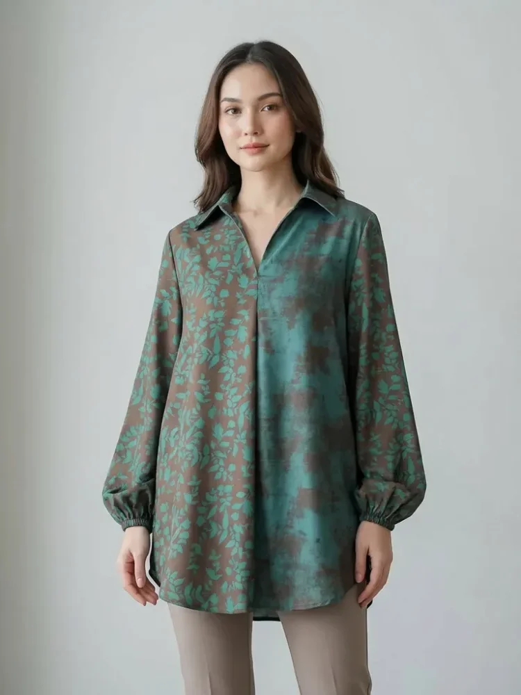 ASAYA Atasan gaya retro kerah v model longgar motif cetak untuk wanita