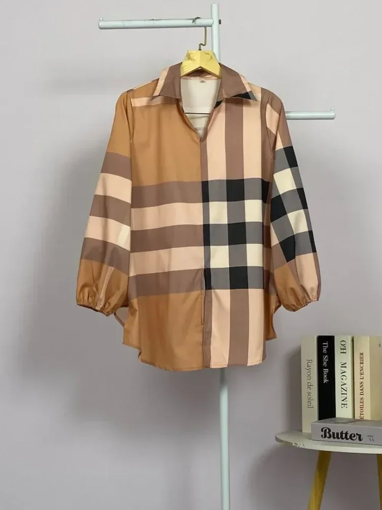 ASAYA Atasan gaya retro kerah v model longgar motif cetak untuk wanita