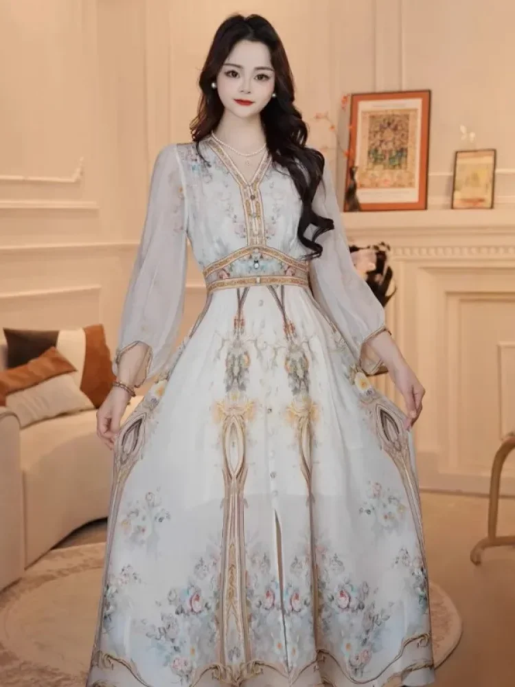 [CUCI GUDANG]FADFAD Gaun wanita gaya mewah kelas atas dengan lengan panjang dan kerah berbentuk v