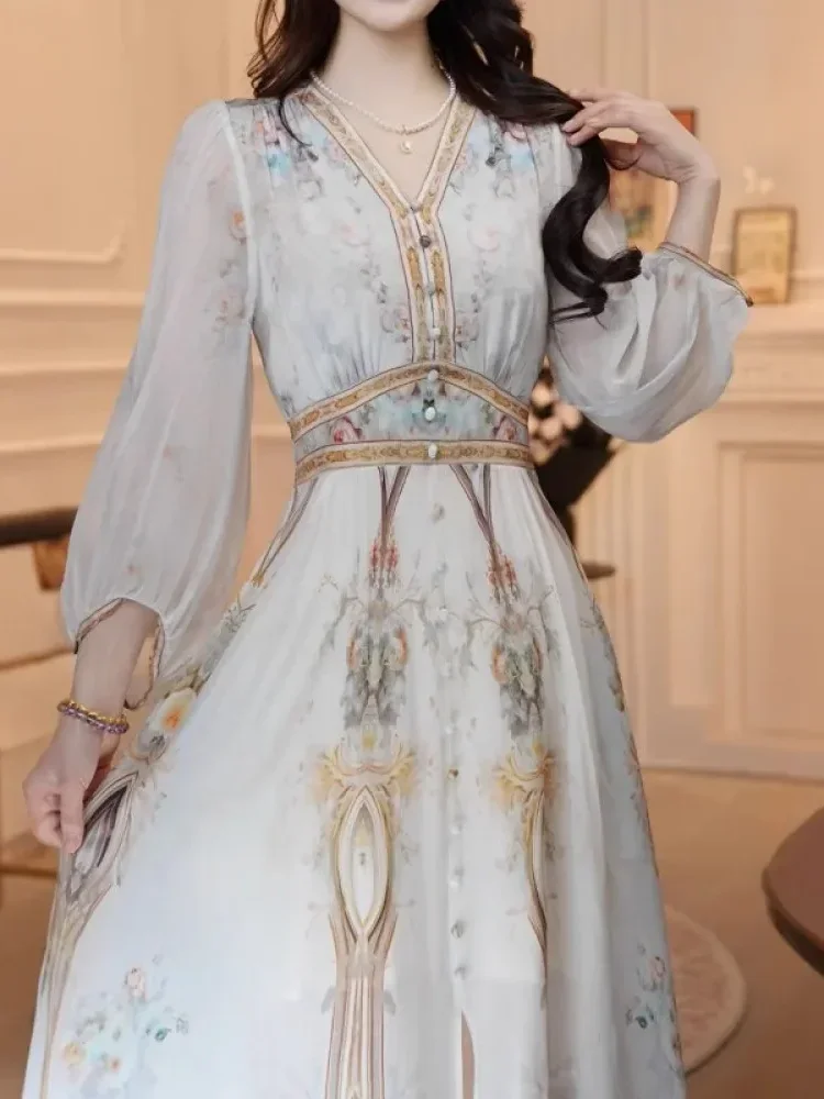 [CUCI GUDANG]FADFAD Gaun wanita gaya mewah kelas atas dengan lengan panjang dan kerah berbentuk v