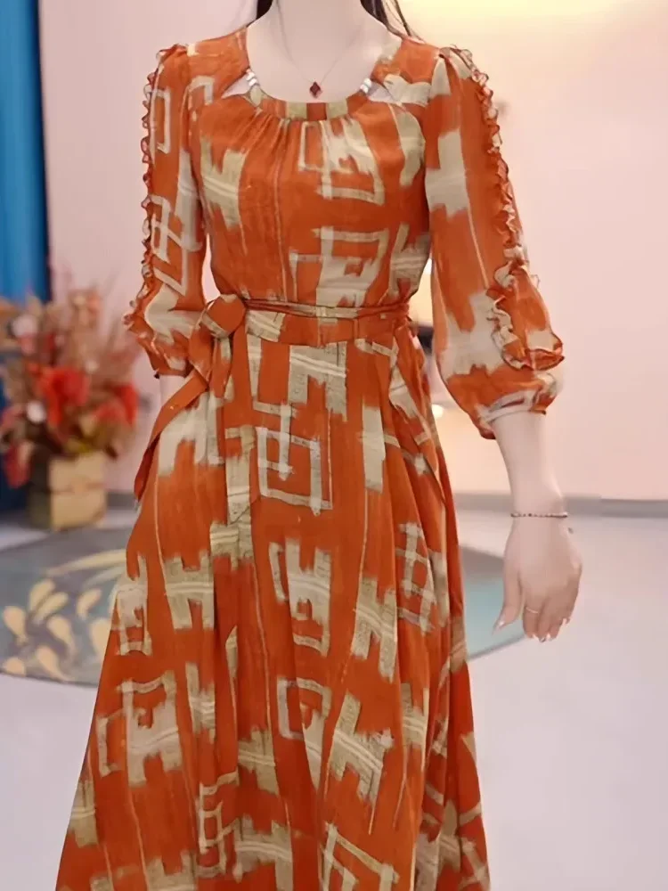 FADFAD Gaun lengan panjang model balon motif cetak unik dengan bentul leher u