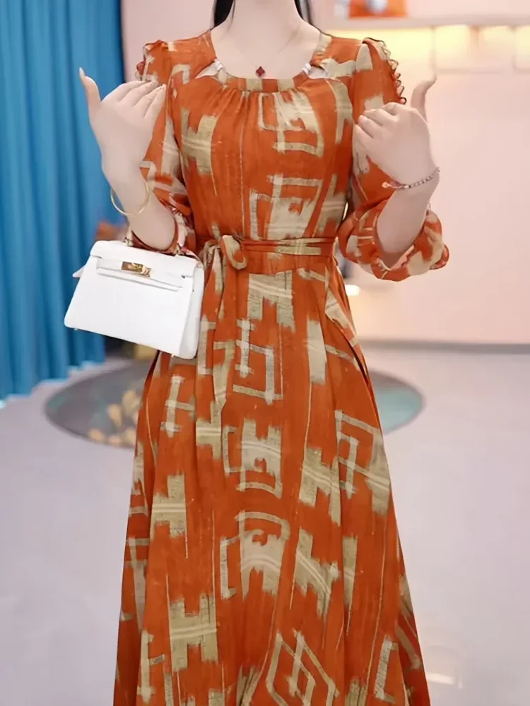FADFAD Gaun lengan panjang model balon motif cetak unik dengan bentul leher u